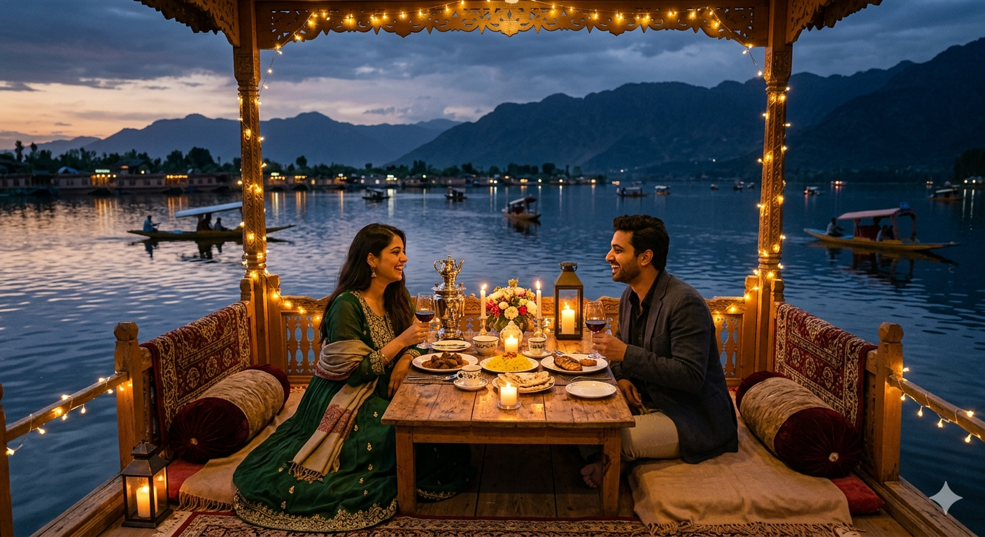 Luxury Kashmir package - private gourmet dinner on heritage houseboat with Dal Lake views