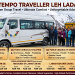 Luxury tempo traveller Leh Ladakh 2026 guide with Force Urbania at Khardung La showing 9 seater ₹7K-9Kday, 12 seater ₹8K-10Kday, 17 seater ₹10K-13Kday, Himalayan Adventure 4N5D ₹22K-32K pp, Treasures of Ladakh 5N6D ₹28K-40K pp, Ladakh Explorer 7N8D ₹42K-65K pp, luxury inclusions reclining seats panoramic windows AC USB oxygen cylinder experienced driver permits