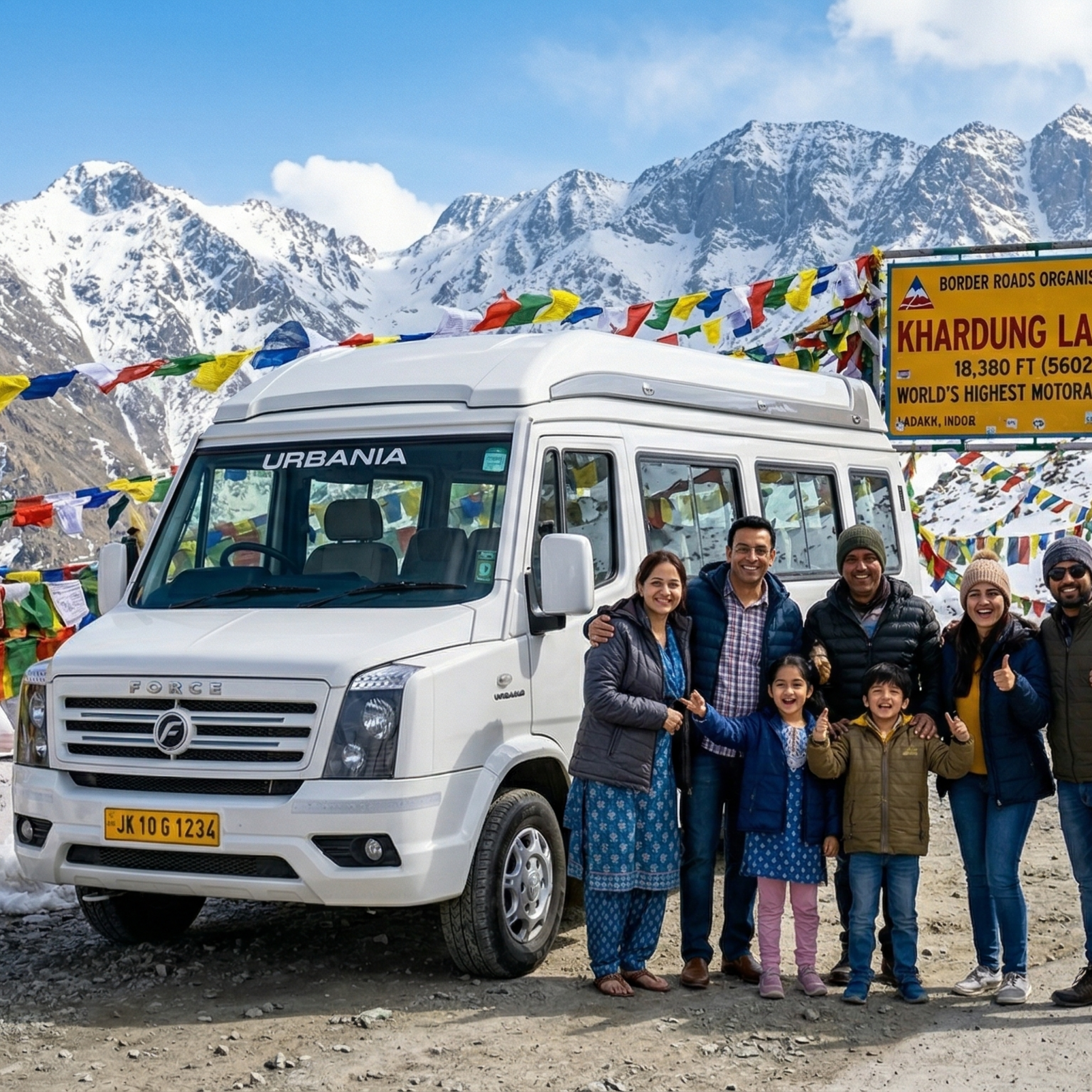 Luxury tempo traveller Leh Ladakh 2026 premium vehicle parked at Khardung La pass with happy group