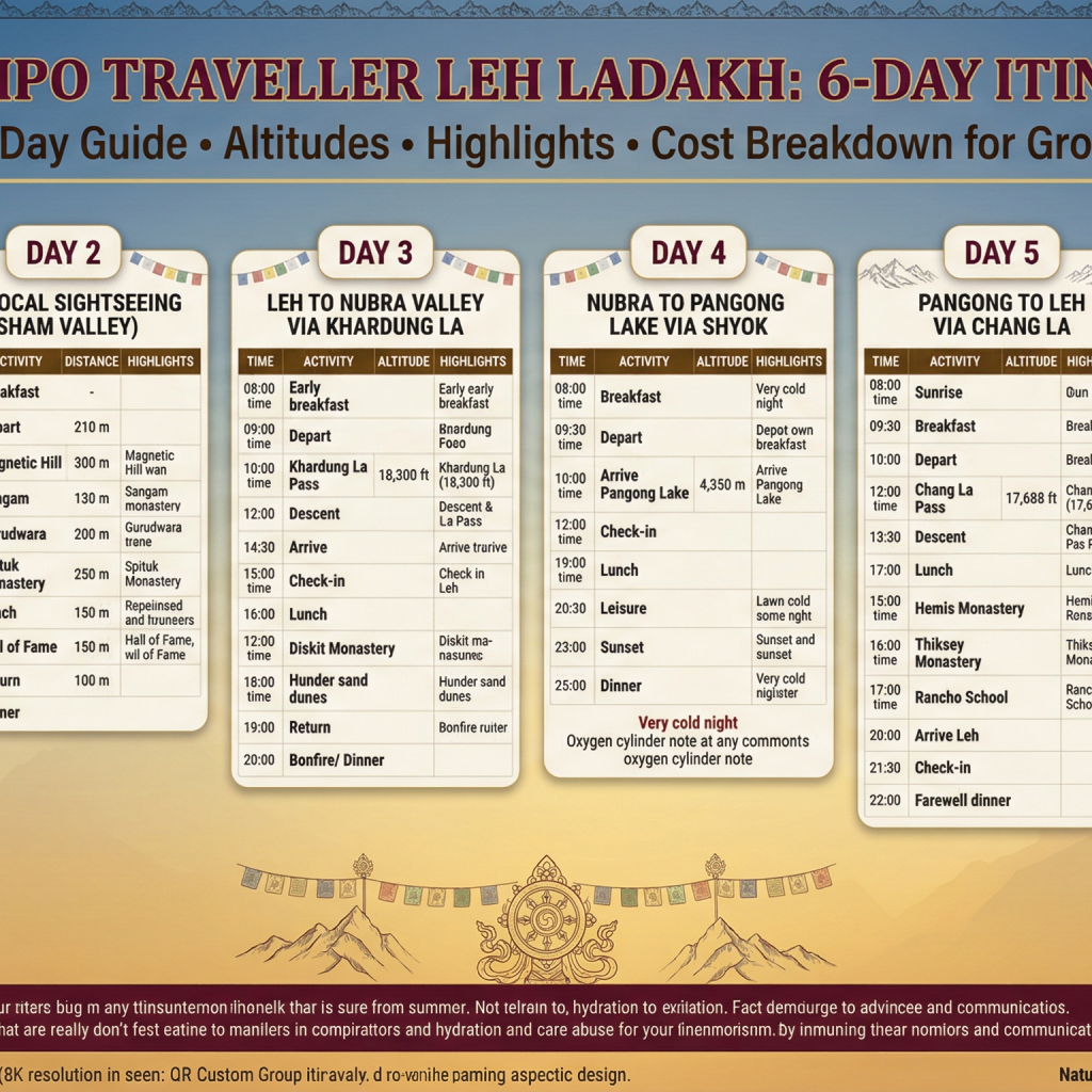 Luxury tempo traveller Leh Ladakh 6 day itinerary map showing route from Leh to Nubra to Pangong with daily distances and highlights