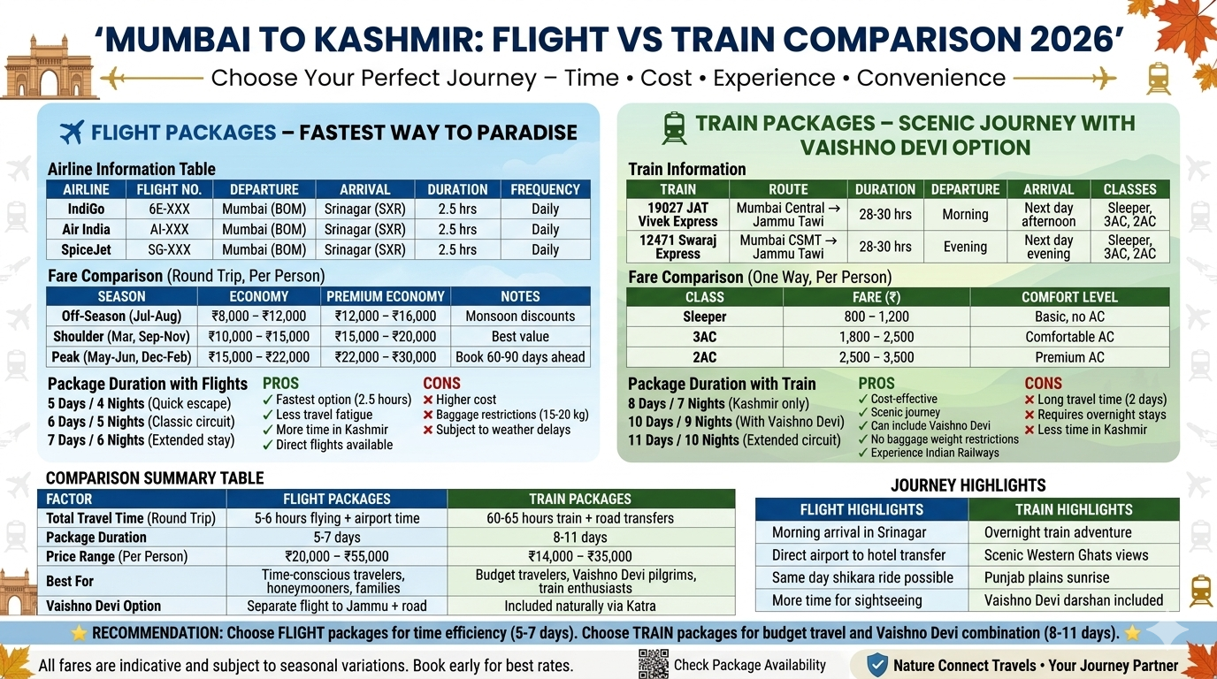  Mumbai to Kashmir flight vs train comparison infographic showing flight packages 5-7 days ₹20K-55K with 2.5 hr direct flights on IndiGo Air India SpiceJet, train packages 8-11 days ₹14K-35K on JAT Vivek Express 28-30 hrs from Mumbai Central to Jammu Tawi, fare tables, pros and cons, and Vaishno Devi combination options
