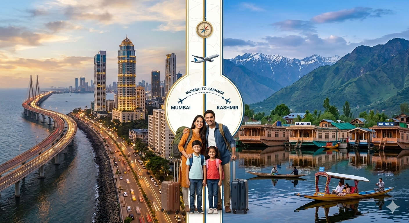 Mumbai to Kashmir package 2026 featuring Mumbai skyline and Dal Lake houseboats with happy travelers