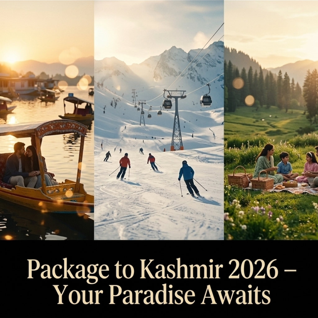 Package to Kashmir 2026 featuring Dal Lake shikara, Gulmarg Gondola, and Pahalgam meadows with happy travelers