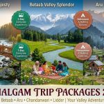 Pahalgam trip packages 2026 - panoramic hero image featuring Lidder River, Betaab Valley meadows, and Aru Valley mountains with traditional Kashmiri elements
