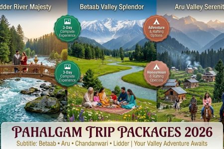 Pahalgam trip packages 2026 - panoramic hero image featuring Lidder River, Betaab Valley meadows, and Aru Valley mountains with traditional Kashmiri elements