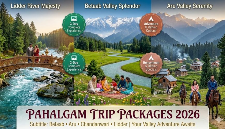 Pahalgam trip packages 2026 - panoramic hero image featuring Lidder River, Betaab Valley meadows, and Aru Valley mountains with traditional Kashmiri elements