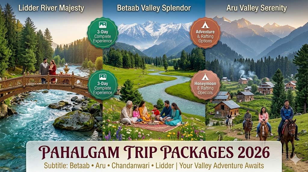 Pahalgam trip packages 2026 - panoramic hero image featuring Lidder River, Betaab Valley meadows, and Aru Valley mountains with traditional Kashmiri elements