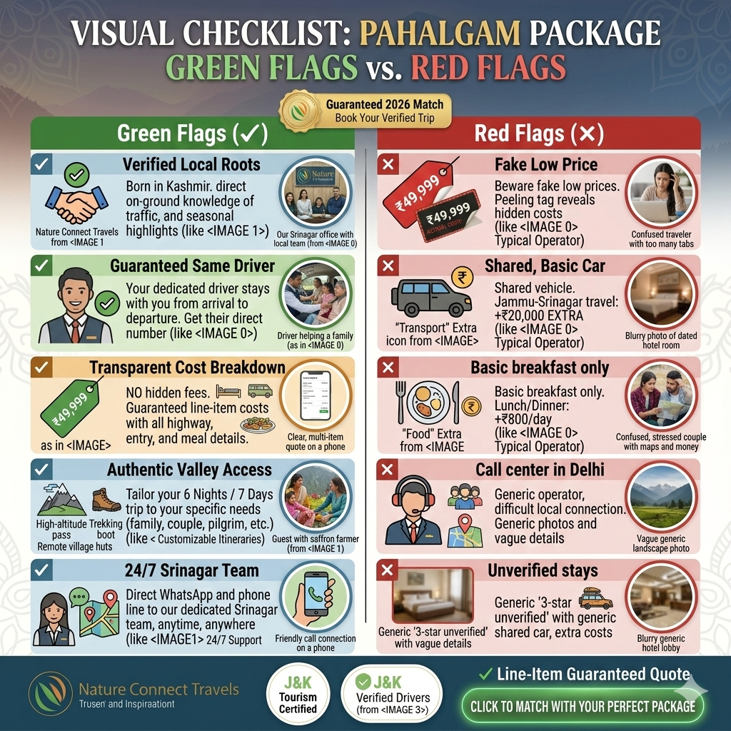 Pahalgam trip packages booking checklist showing green flags and red flags for choosing reliable service