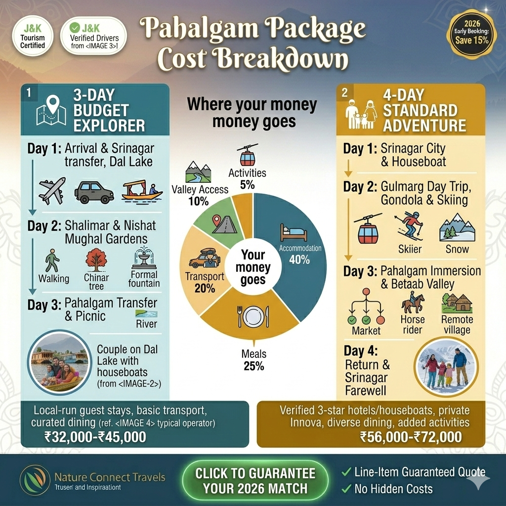 Pahalgam trip packages cost breakdown showing budget vs. standard package comparison with hidden costs highlighted