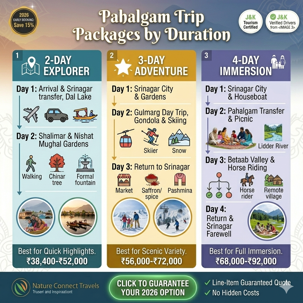 Pahalgam trip packages duration comparison 2026 showing 2-day quick escape, 3-day complete experience, and 4-day adventure packages
