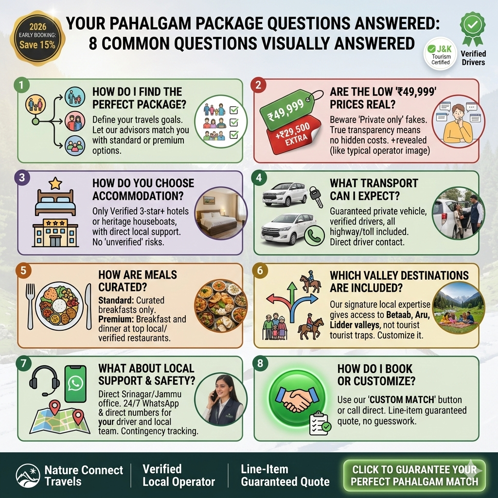 Pahalgam trip packages frequently asked questions with visual answers and helpful icons