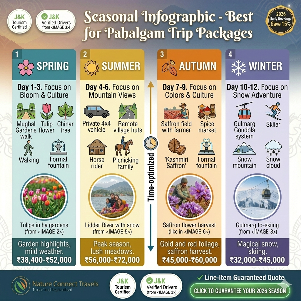 Pahalgam trip packages seasonal guide showing spring, summer, autumn, winter with weather, activities, and price ranges