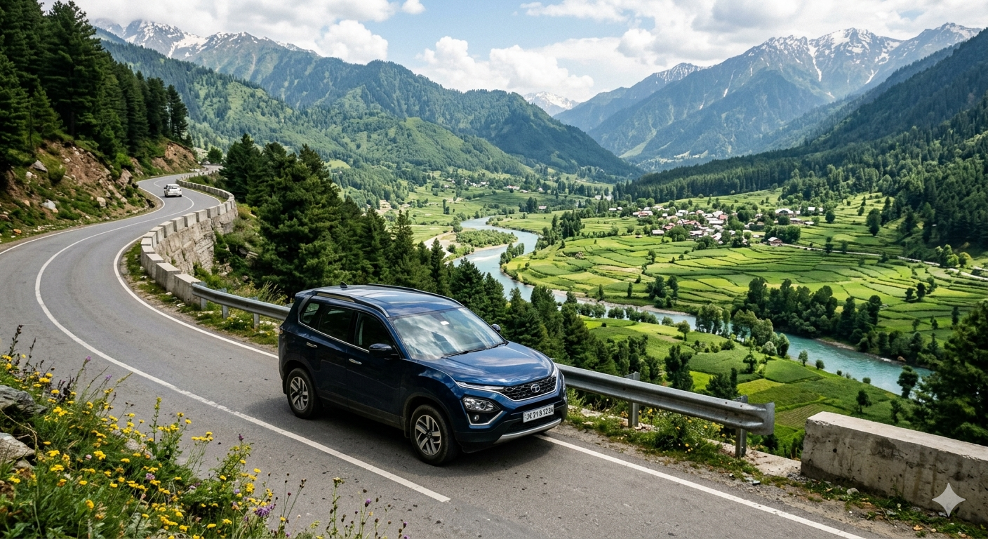 Self drive car in Kashmir 2026 a modern SUV parked on a scenic mountain road overlooking a green valley