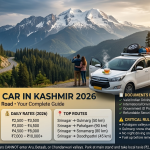 Self drive car in Kashmir 2026 guide showing white SUV on mountain road with vehicle options hatchback ₹2.5K-3.5K, sedan ₹3K-4.5K, SUV ₹4.5K-8K, 4x4 ₹7K-10K+, top routes Srinagar to Gulmarg 50km Pahalgam 90km Sonamarg 80km Doodhpathri 45km, documents checklist, and critical union rule warning for Pahalgam valleys
