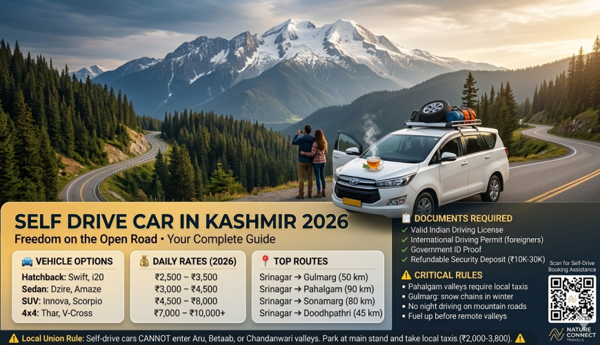 Self drive car in Kashmir 2026 guide showing white SUV on mountain road with vehicle options hatchback ₹2.5K-3.5K, sedan ₹3K-4.5K, SUV ₹4.5K-8K, 4x4 ₹7K-10K+, top routes Srinagar to Gulmarg 50km Pahalgam 90km Sonamarg 80km Doodhpathri 45km, documents checklist, and critical union rule warning for Pahalgam valleys
