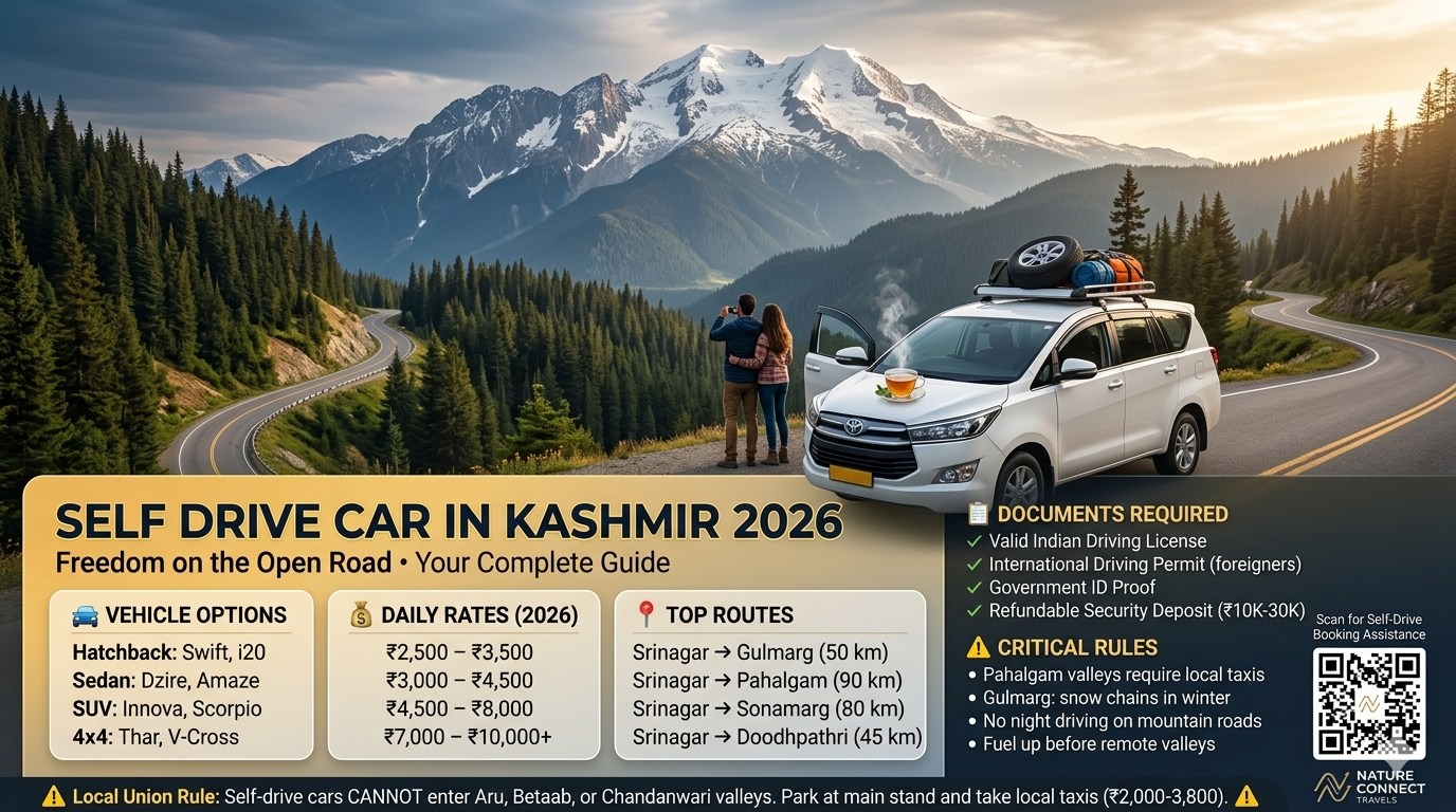 Self drive car in Kashmir 2026 guide showing white SUV on mountain road with vehicle options hatchback ₹2.5K-3.5K, sedan ₹3K-4.5K, SUV ₹4.5K-8K, 4x4 ₹7K-10K+, top routes Srinagar to Gulmarg 50km Pahalgam 90km Sonamarg 80km Doodhpathri 45km, documents checklist, and critical union rule warning for Pahalgam valleys