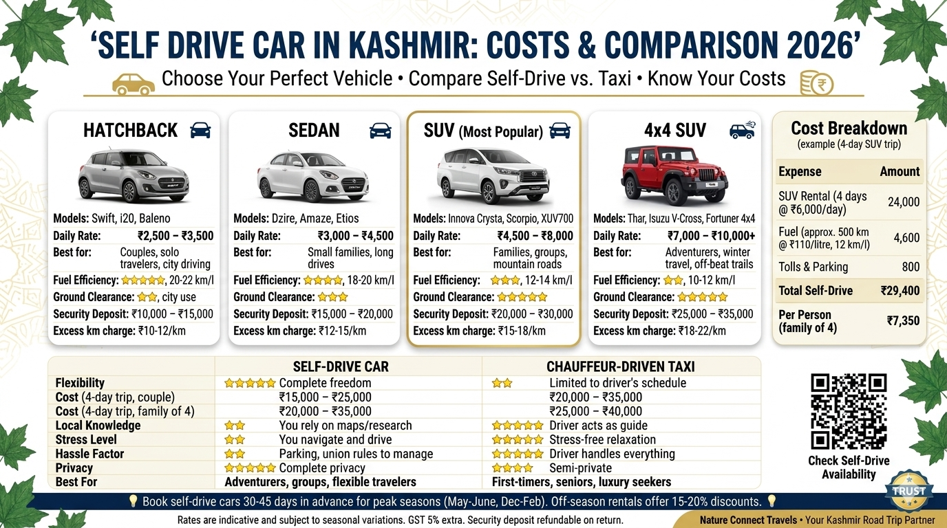 Self drive car in Kashmir costs comparison showing hatchback ₹2.5K-3.5K sedan ₹3K-4.5K SUV ₹4.5K-8K 4x4 ₹7K-10K+ with security deposits ₹10K-35K, self-drive vs taxi comparison table, and sample 4-day SUV trip cost ₹29,400 total ₹7,350 per person for family of 4

