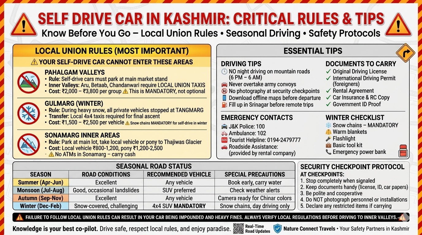 Self drive car in Kashmir critical rules infographic showing Pahalgam valleys require local union taxis ₹2K-3.8K, Gulmarg winter snow chains mandatory private cars stopped at Tangmarg, Sonamarg no ATMs carry cash, night driving prohibited 6PM-6AM, never overtake army convoys, emergency contacts, and seasonal road status summer monsoon autumn winter