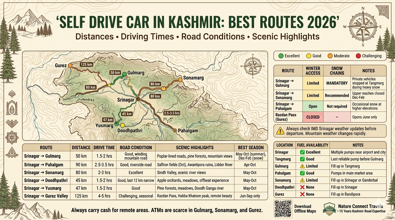  Self drive car in Kashmir route map showing Srinagar to Gulmarg 50km 1.5-2hrs, Srinagar to Pahalgam 90km 2.5-3.5hrs, Srinagar to Sonamarg 80km 2-3hrs, Srinagar to Doodhpathri 45km 1.5-2hrs, Srinagar to Yusmarg 47km 1.5-2hrs, Srinagar to Gurez 125km 4-5hrs with road conditions, winter access notes, and fuel availability
