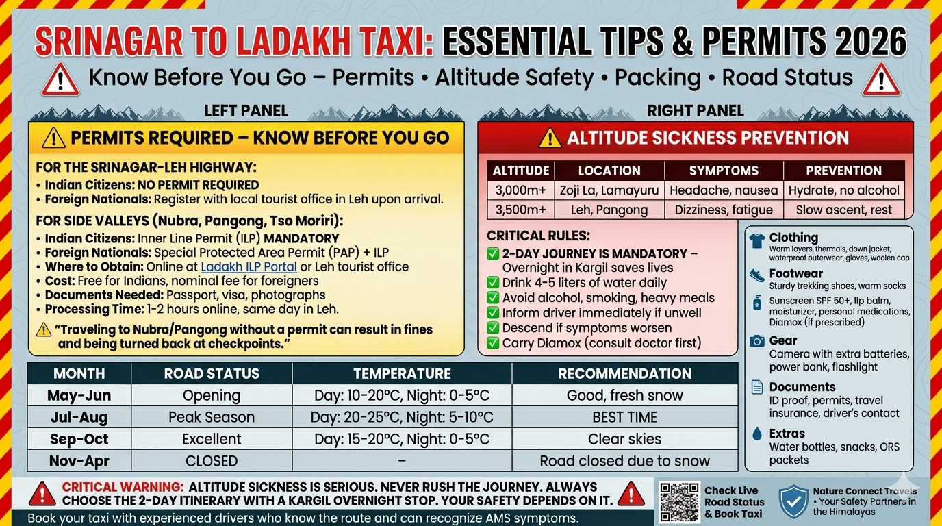 Srinagar to Ladakh Taxi Service 2026: Prices, Itinerary & Tips 10 Srinagar to Ladakh taxi essential tips infographic showing permit requirements Indian citizens no permit for highway, ILP mandatory for Nubra Pangong, foreigners need registration in Leh, altitude sickness prevention 2-day journey mandatory with Kargil overnight drink 4-5L water no alcohol, seasonal road status May-Oct open Jul-Aug peak, packing checklist warm layers sunscreen permits, critical altitude warning