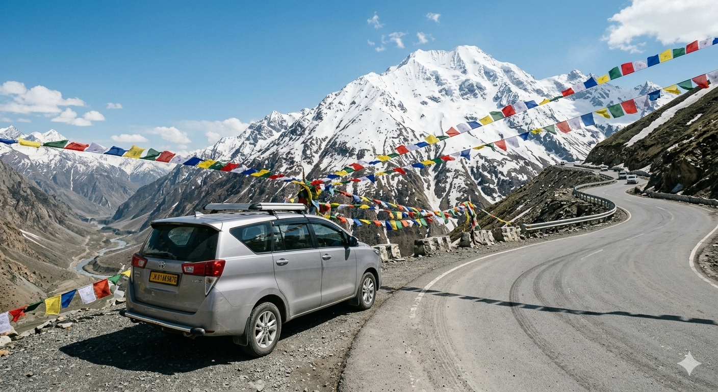 Srinagar to Ladakh Taxi Service 2026: Prices, Itinerary & Tips 7 Srinagar to Ladakh taxi service 2026 - a rugged SUV on a Himalayan road ready for the journey