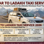 Srinagar to Ladakh taxi service 2026 guide with SUV on Himalayan mountain road showing vehicle options sedan ₹17K-20K SUV ₹20K-25K tempo ₹30K-45K luxury 4x4 ₹45K-55K, route comparison 1-day express vs 2-day recommended with Kargil stop, key information distance 420km travel time 14-18hrs open May-Oct no permit needed for highway
