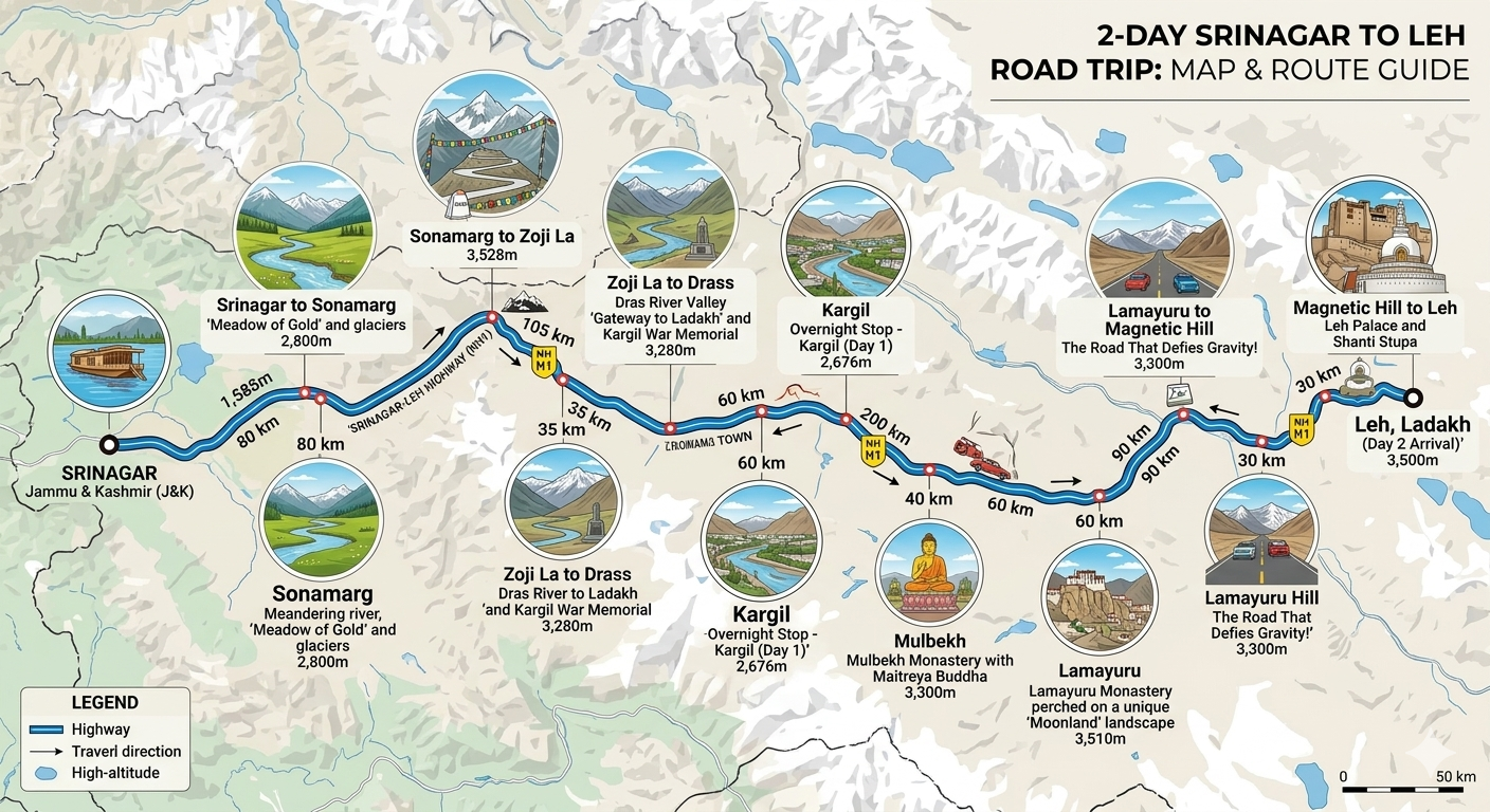 Srinagar to Leh taxi package 2-day route map showing Srinagar to Kargil 204 km via Sonamarg Zoji La Drass, and Kargil to Leh 235 km via Mulbekh Lamayuru Magnetic Hill.