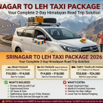 Srinagar to Leh taxi package 2026 guide with SUV on Himalayan mountain road showing sedan package ₹10K-14K for 2-4 pax, SUV package ₹14K-18K for 5-7 pax most popular, tempo package ₹20K-24K for 8-16 pax, inclusions vehicle fuel driver taxes sightseeing, exclusions Kargil stay meals permits, 2-day itinerary Day 1 Srinagar to Kargil 204km via Sonamarg Zoji La Drass, Day 2 Kargil to Leh 235km via Mulbekh Lamayuru Magnetic Hill, critical rule warning Srinagar taxi cannot do local Ladakh sightseeing