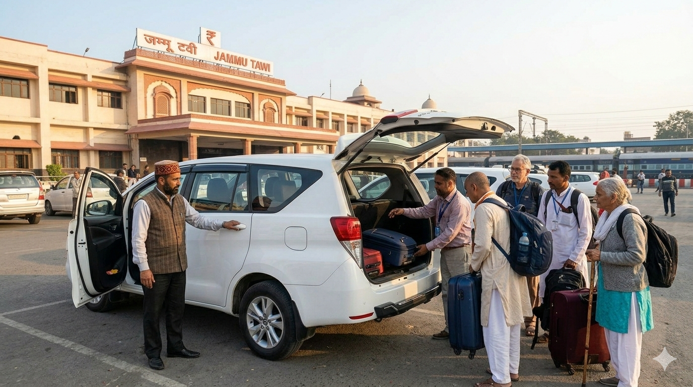 Tempo traveller for Amarnath Yatra 2026 - group vehicle at Jammu Railway Station with pilgrims and driver ready for journey