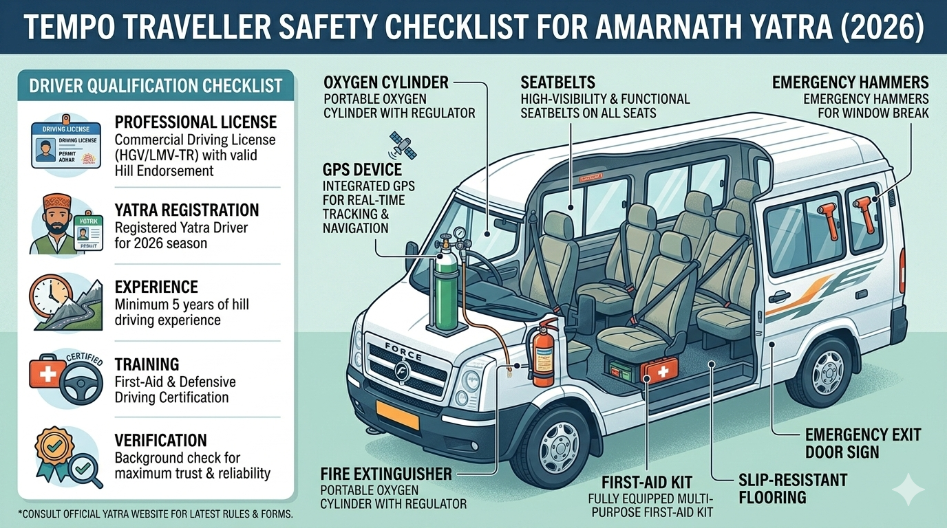Tempo traveller for Amarnath Yatra safety checklist showing oxygen cylinder, first-aid, seatbelts, GPS, and driver qualifications