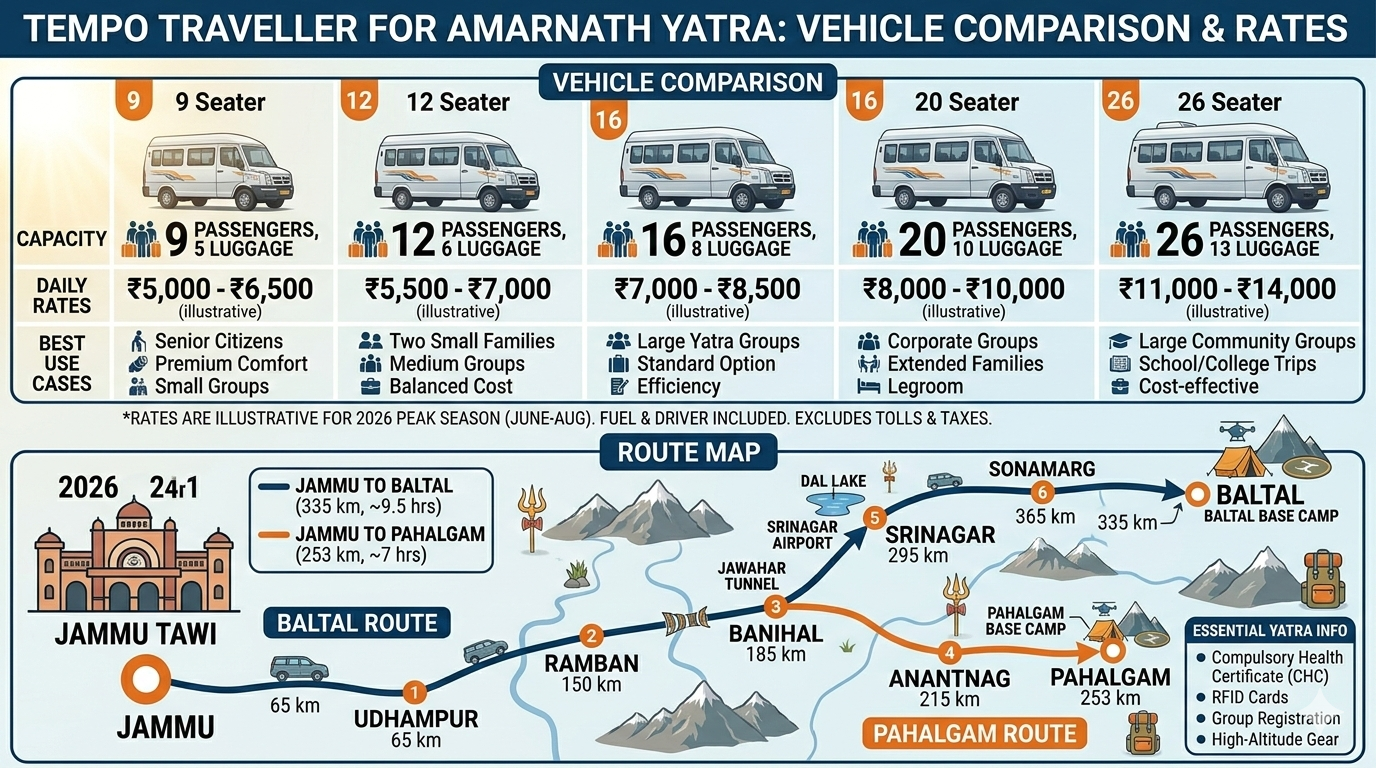Tempo traveller for Amarnath Yatra vehicle comparison showing 9-26 seater options with daily rates ₹6,000-10,500 and route map