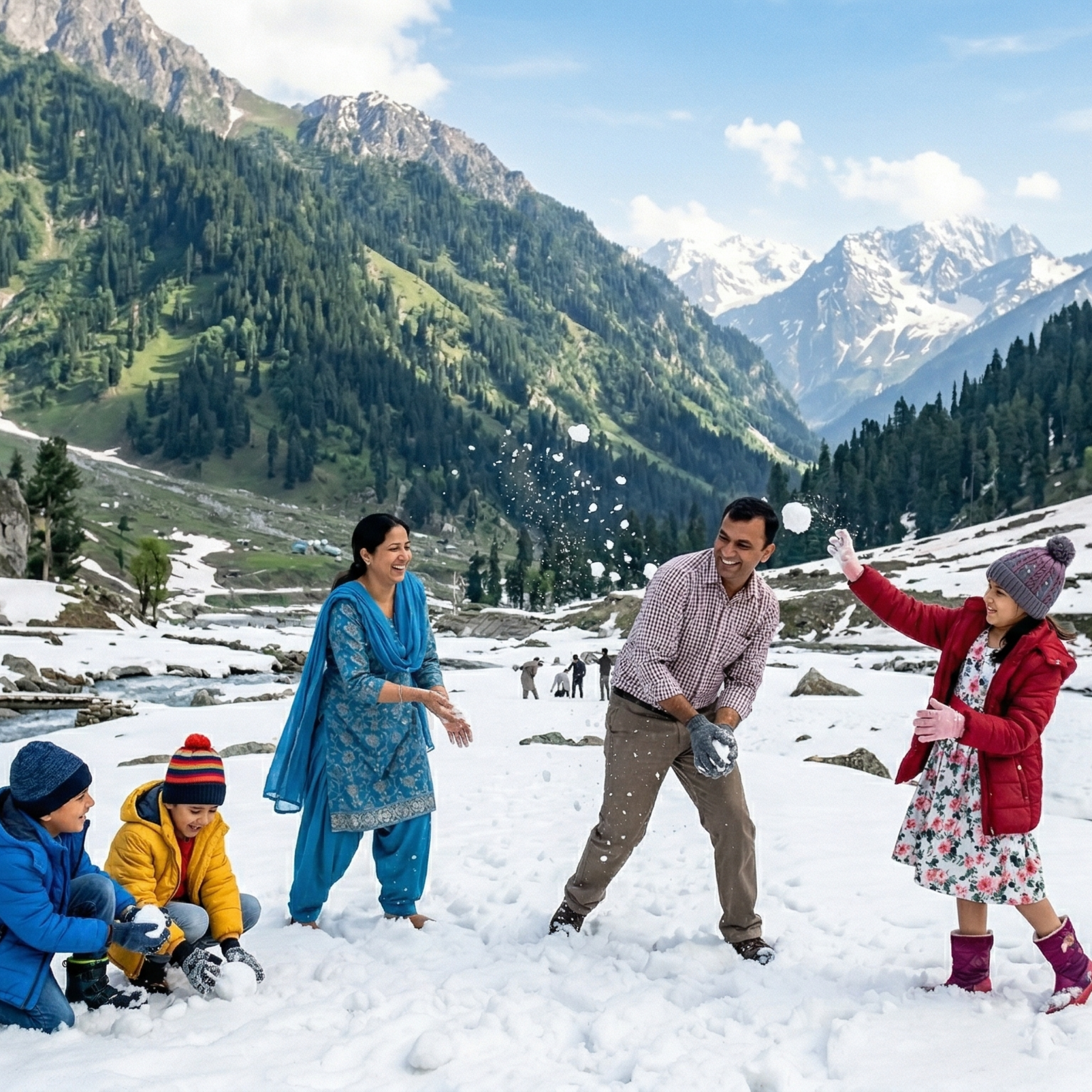 Top places to visit in Kashmir in July 2026 - family enjoying snow at Thajiwas Glacier, Sonamarg