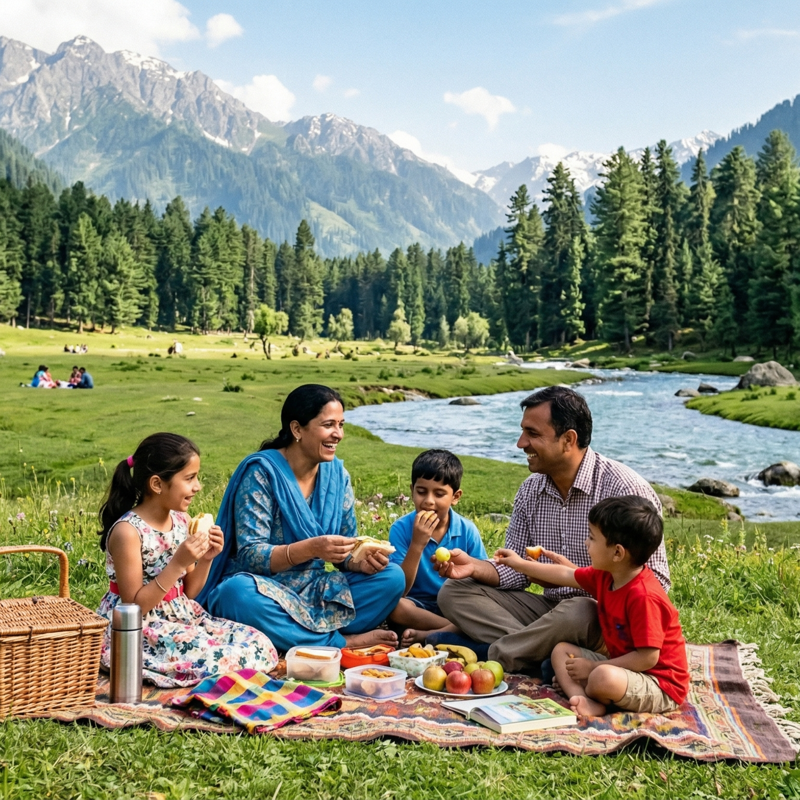 Top places to visit in Kashmir in July 2026 family picnic in Betaab Valley with green meadows scaled