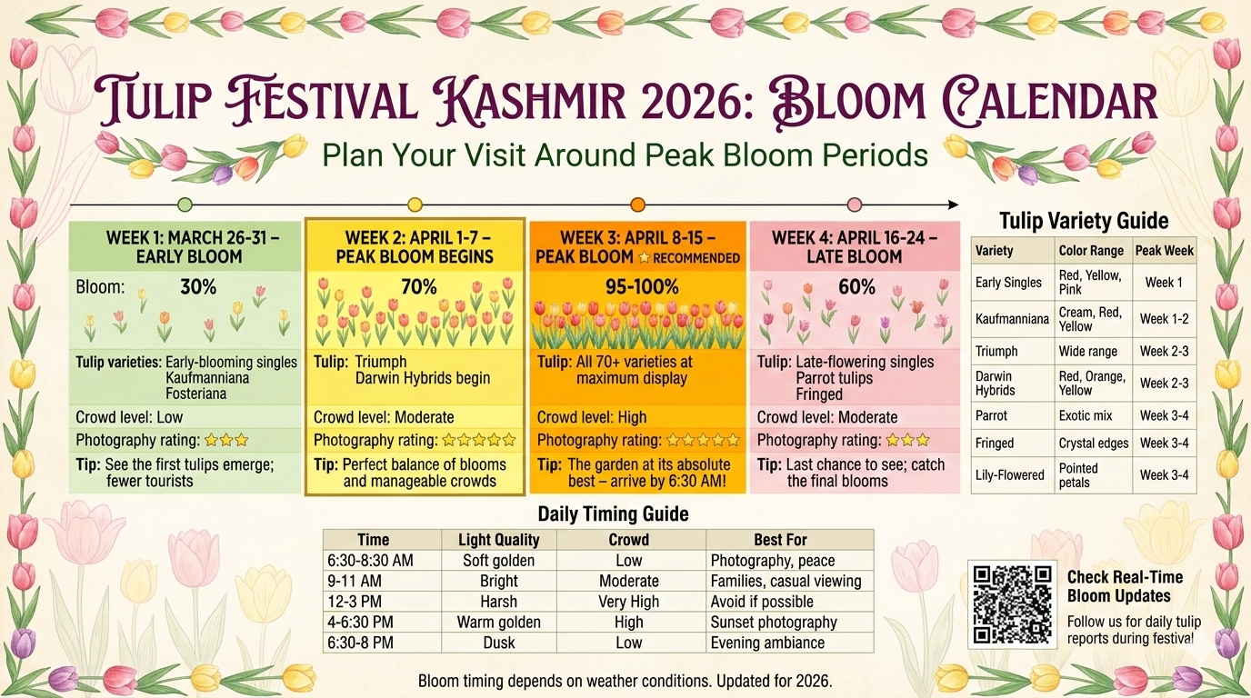 Tulip Festival Kashmir 2026 bloom calendar showing weekly progression from early bloom March 26-31 (30%), peak bloom April 1-15 (95-100%), and late bloom April 16-24 (60%) with tulip variety guide and daily timing recommendations