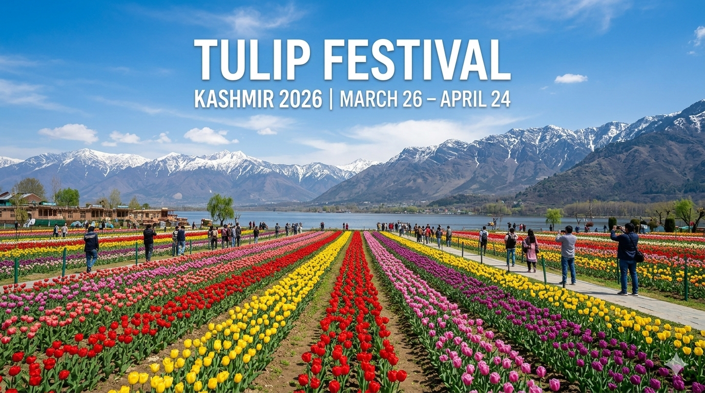 Tulip Festival Kashmir 2026 - panoramic view of Asia's largest tulip garden with colorful blooms, Dal Lake, and Zabarwan mountains