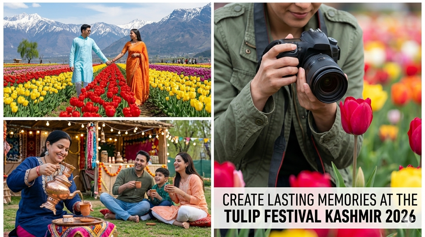 Tulip Festival Kashmir experiences - couple enjoying flowers, family with Kahwa, photographer capturing blooms