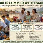Kashmir in summer with family 2026 guide with happy family on Dal Lake shikara showing Budget Family ₹65K-1.1L total, Mid-Range Family ₹95K-1.6L total most popular, Premium Family ₹1.6L-2.7L total, child discounts under 5 free 5-12 years 25-50% off, family-friendly activities shikara Gondola pony rides gardens picnic snow play with age guide, family quick facts summer weather 15-30°C child seats available family suites kid-friendly meals, family tip interconnected rooms Nigeen Lake