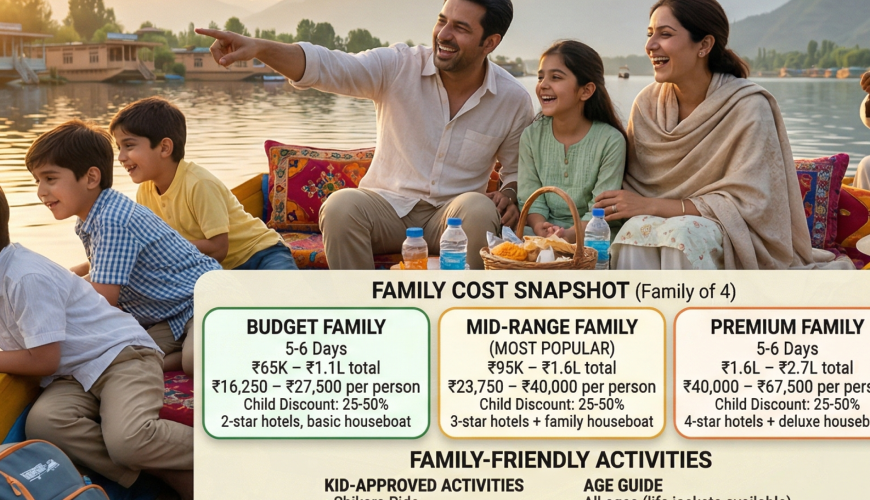 Kashmir in summer with family 2026 guide with happy family on Dal Lake shikara showing Budget Family ₹65K-1.1L total, Mid-Range Family ₹95K-1.6L total most popular, Premium Family ₹1.6L-2.7L total, child discounts under 5 free 5-12 years 25-50% off, family-friendly activities shikara Gondola pony rides gardens picnic snow play with age guide, family quick facts summer weather 15-30°C child seats available family suites kid-friendly meals, family tip interconnected rooms Nigeen Lake