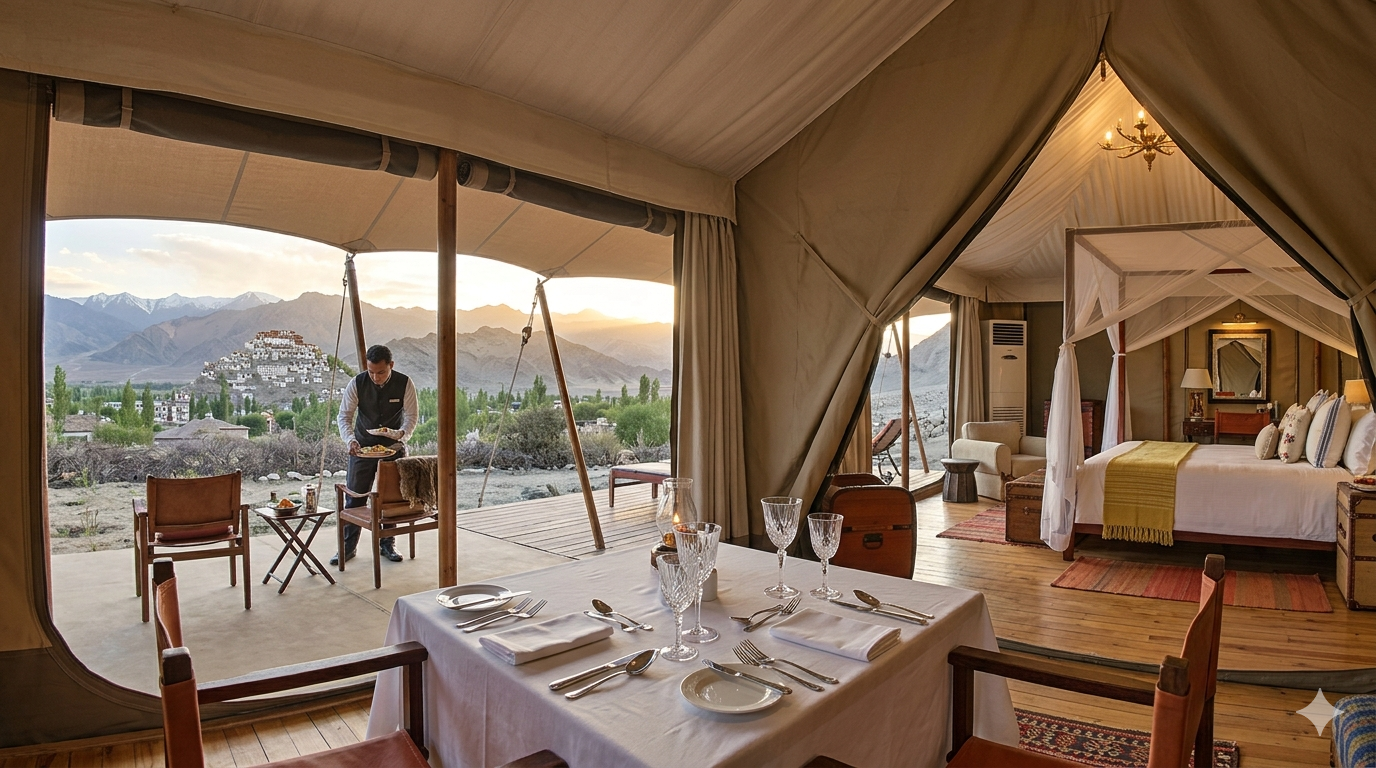 A luxury Chamba Camp tent at Thiksey with panoramic mountain views, featuring plush interiors and fine dining setup