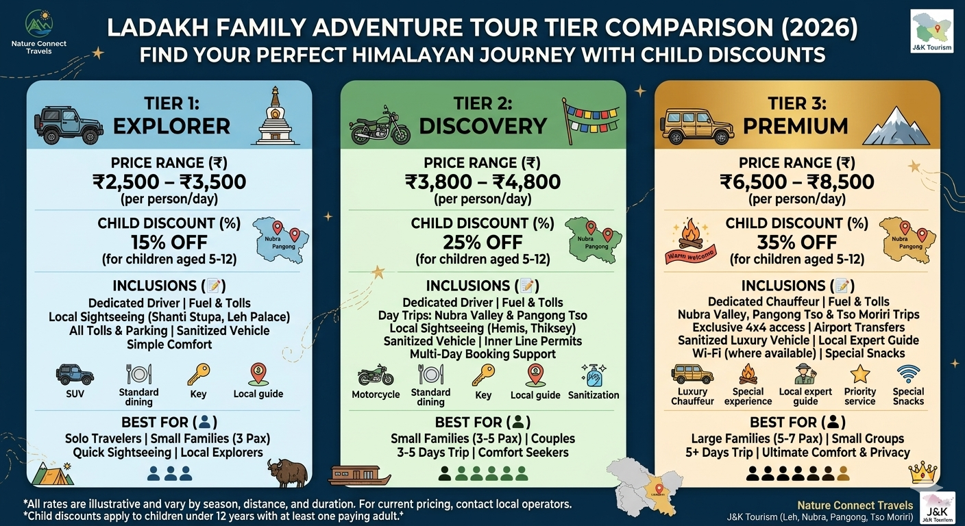 Cheapest Ladakh tour packages for family price comparison infographic showing child discounts