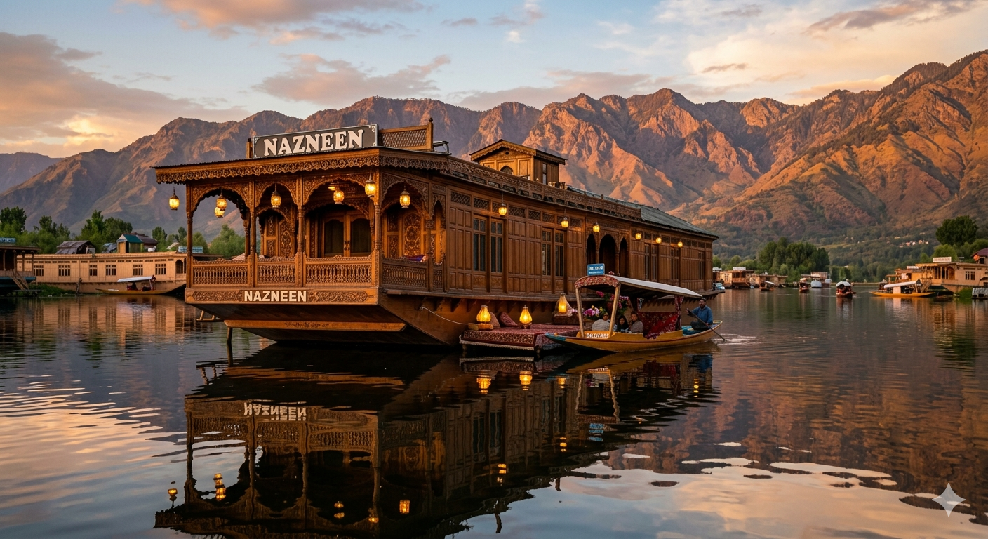 A stunning luxury houseboat on Dal Lake with intricately carved walnut wood exterior, traditional Kashmiri lamps, and the Zabarwan mountains reflecting in the water during golden hour