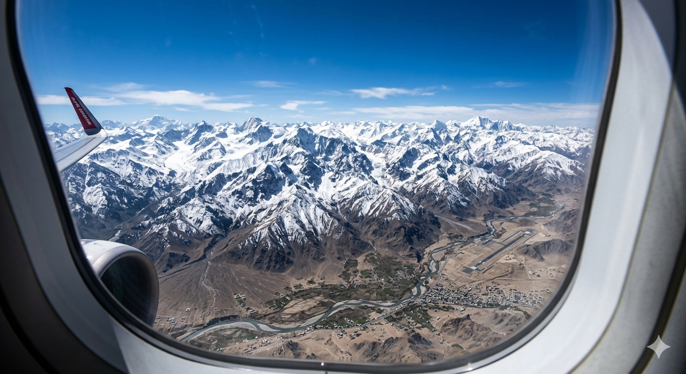  Aerial view of snow-capped Himalayan mountains from a flight window approaching Leh airport]