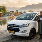 Best cab service in Kashmir 2026 - Toyota Innova taxi at Dal Lake with verified local driver and houseboat backdrop