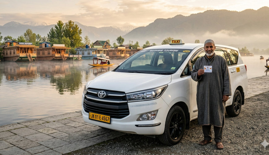 Best cab service in Kashmir 2026 - Toyota Innova taxi at Dal Lake with verified local driver and houseboat backdrop