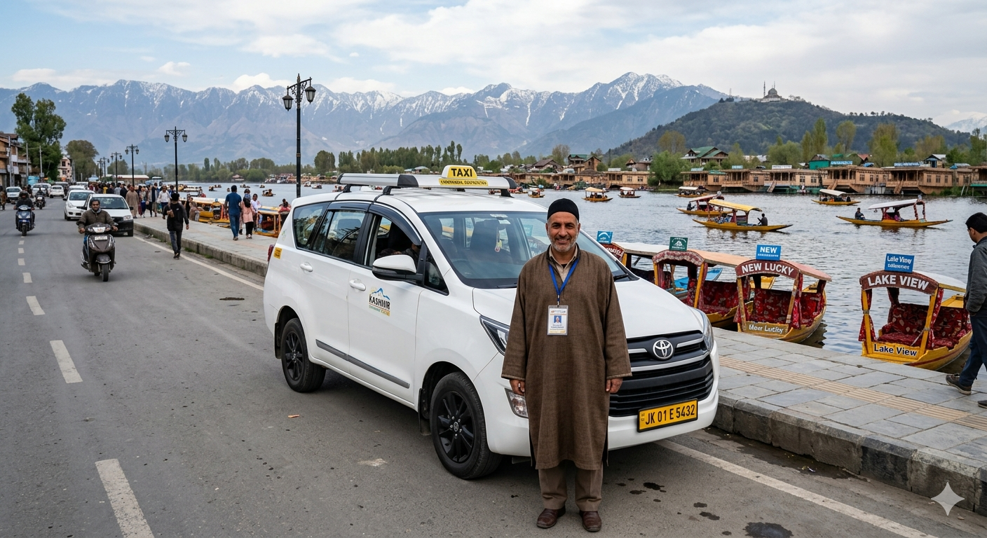 Best cab service in Srinagar 2026 - Innova taxi at Dal Lake Boulevard with verified driver