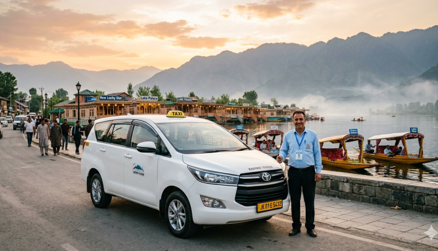 Best cab service in Srinagar 2026 - Toyota Innova taxi on Dal Lake Boulevard with verified driver, shikaras, and houseboats at golden hour