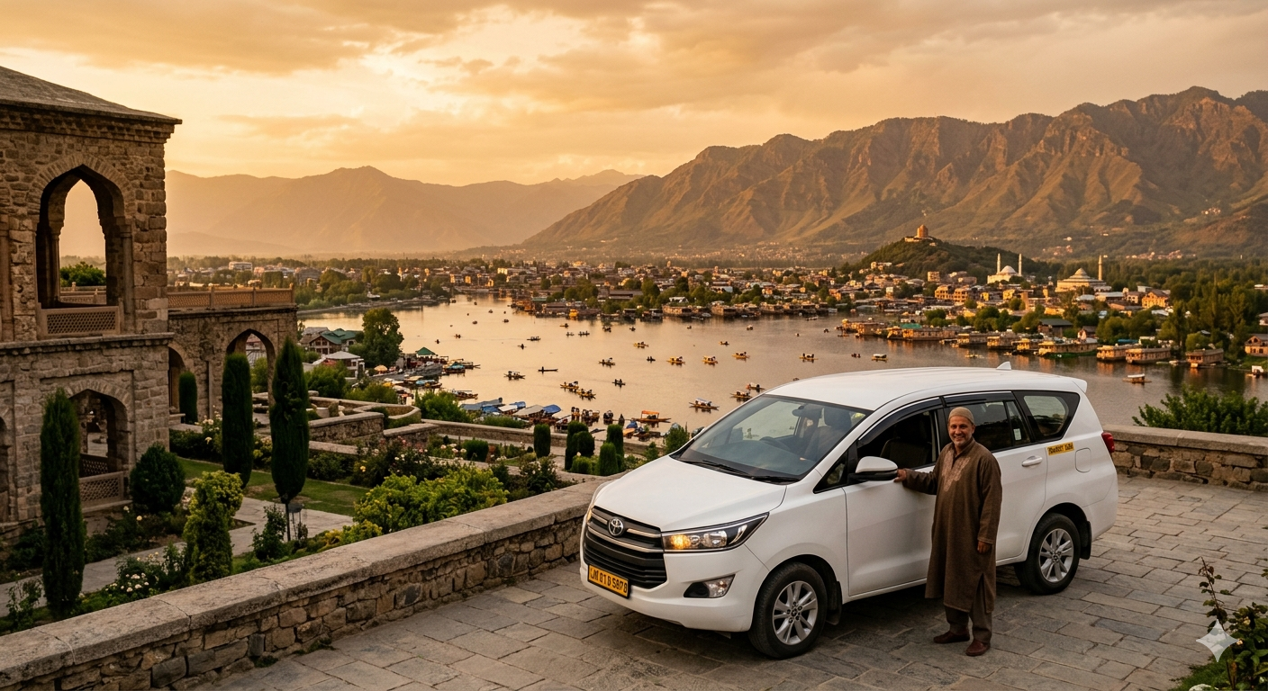 Best cab service in Srinagar - SUV taxi at Pari Mahal with Dal Lake sunset view