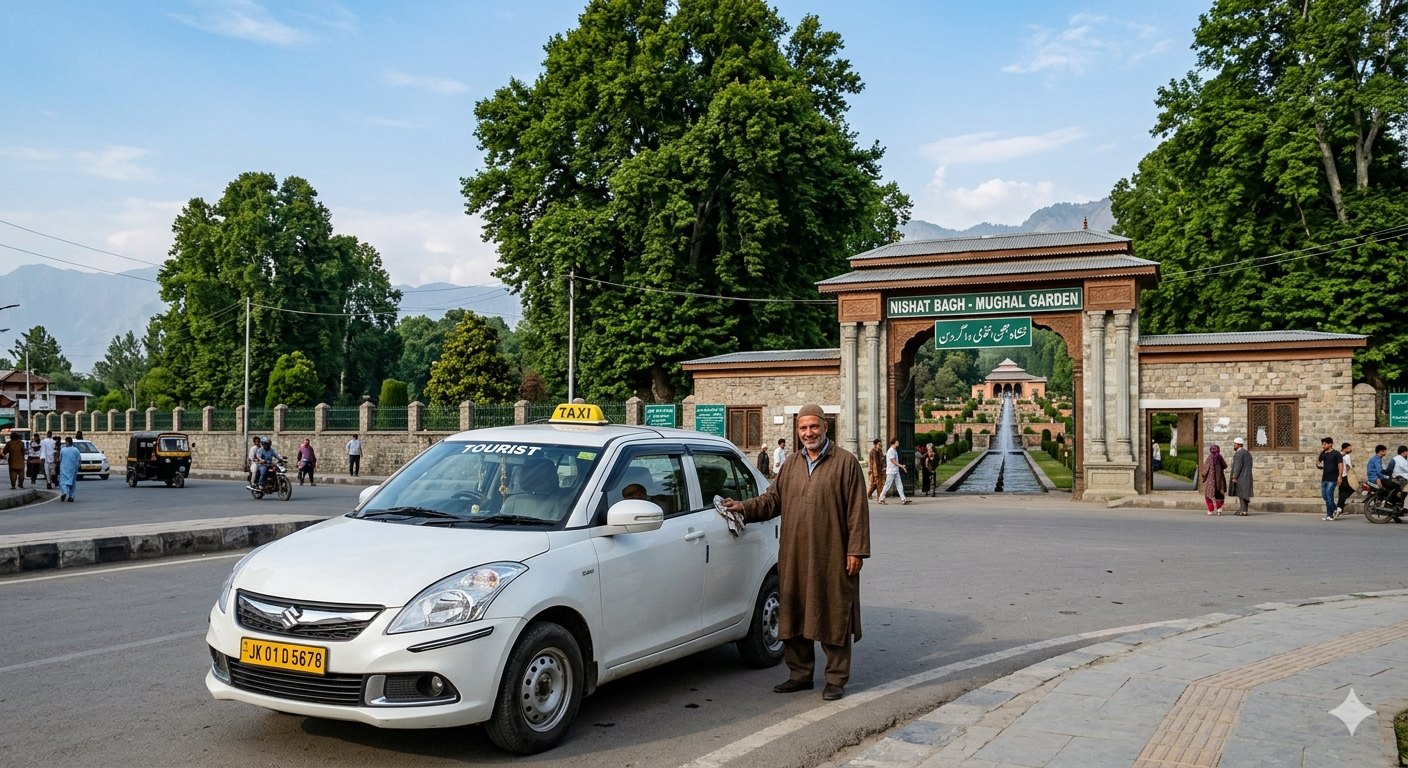 Best cab service in Srinagar - taxi at Nishat Bagh Mughal Garden for sightseeing tours