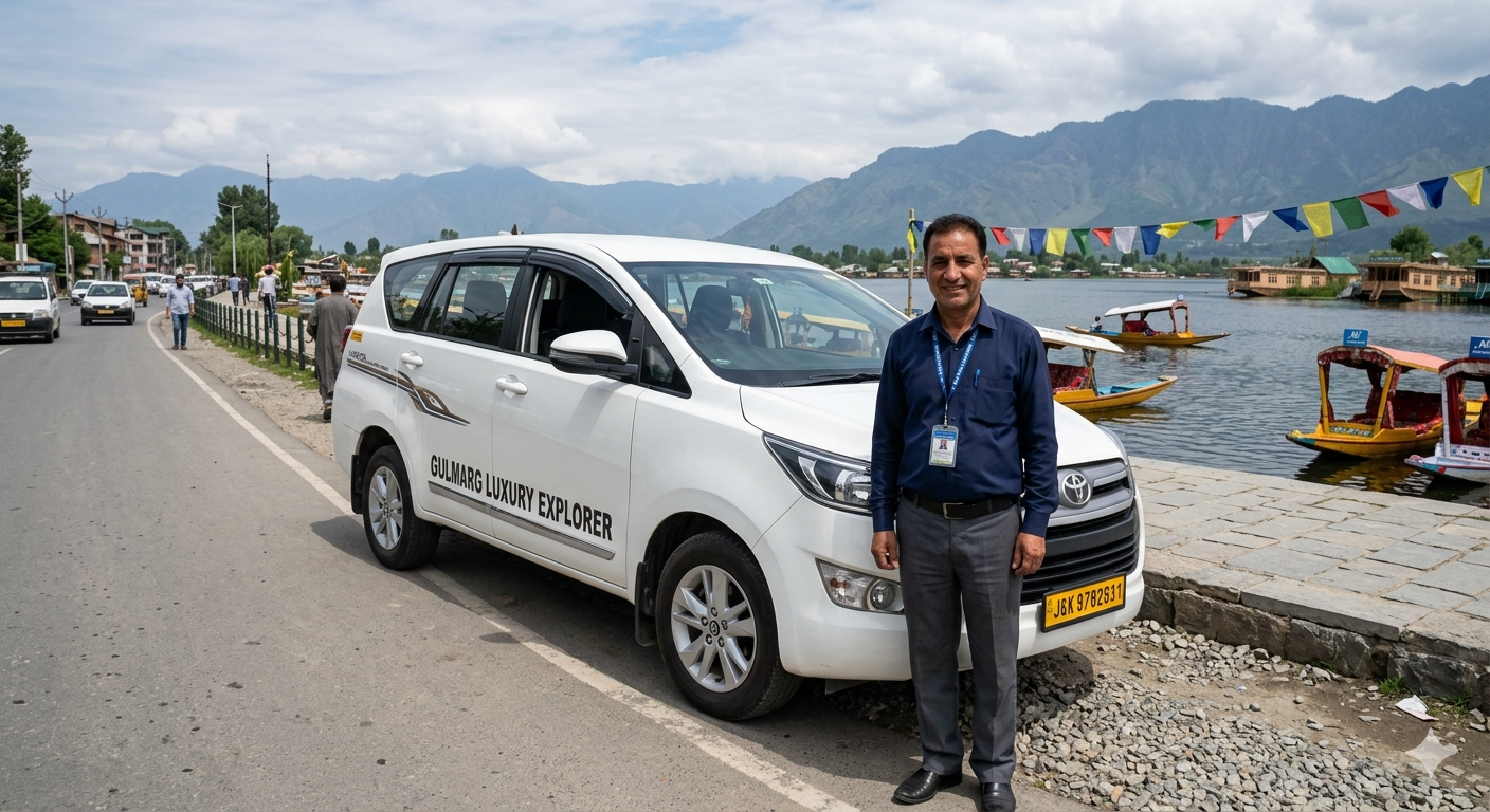 Cab in Srinagar 2026 - Innova taxi at Dal Lake Boulevard with verified driver