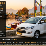 Cab in Srinagar 2026 - white Innova taxi at Dal Lake Boulevard with verified Kashmiri driver, daily rates hatchback ₹1,600, sedan ₹2,800, SUV ₹3,800, tempo traveller ₹6,500-8,500